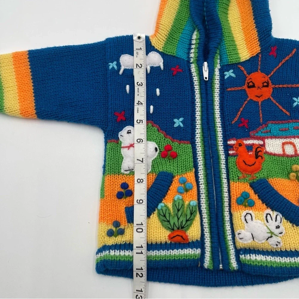 Handmade Knit Sweater Hoodie Baby Infant 0-6 Mos Folk Art Farm Animals Full Zip